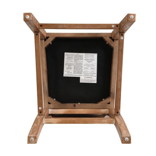 30.5-inch high bar stool set with beige fabric upholstery, rubberwood frame, bottom view.
