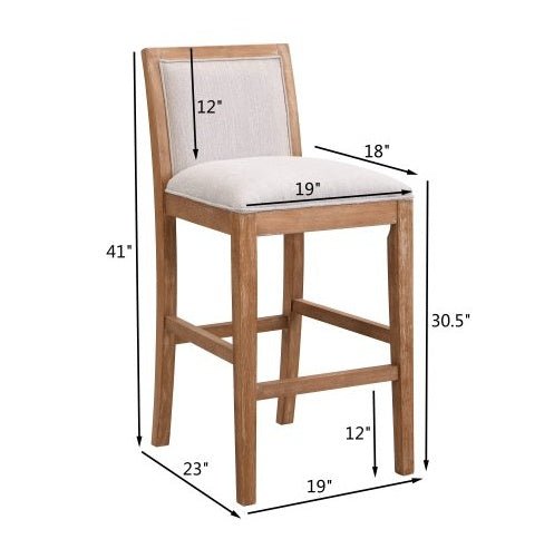 30.5-inch high bar stool with rubberwood frame and beige upholstered cushion.