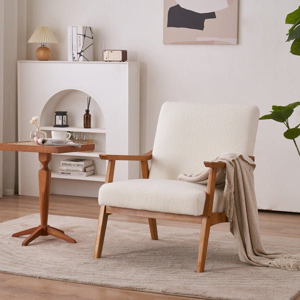 Armrests In Solid Wood, Upholstered, Teddy Velvet, Off - white, Interior Lounge Chair -