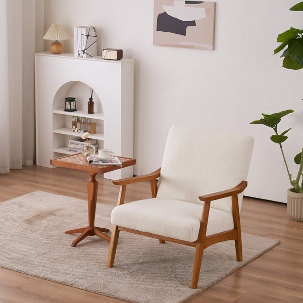 Armrests In Solid Wood, Upholstered, Teddy Velvet, Off - white, Interior Lounge Chair -