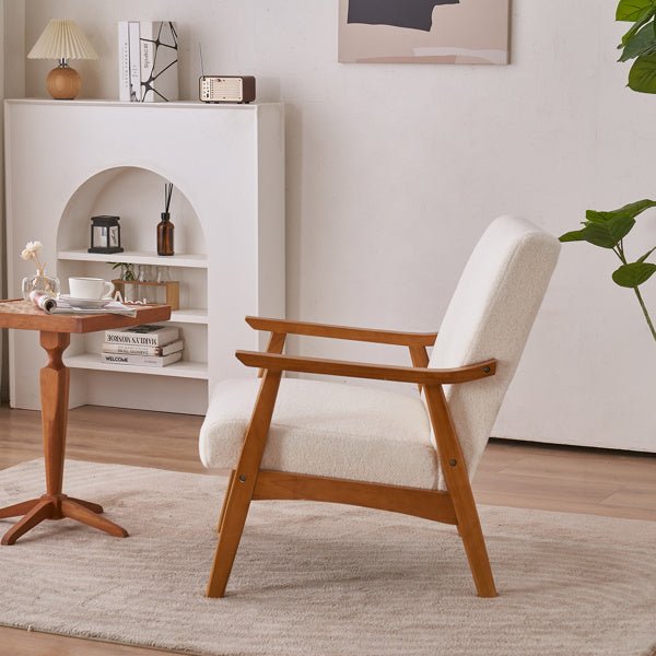 Armrests In Solid Wood, Upholstered, Teddy Velvet, Off - white, Interior Lounge Chair -