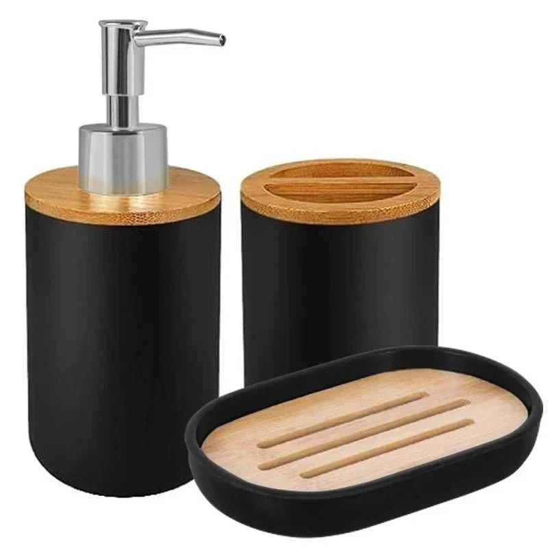 Matte ceramic soap dispenser set with matching cup and tray.
