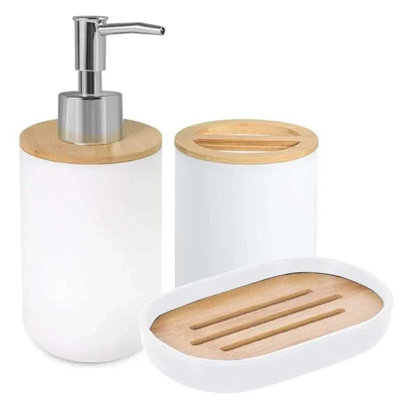 Matte ceramic soap dispenser set with cup and tray in bathroom setting.
