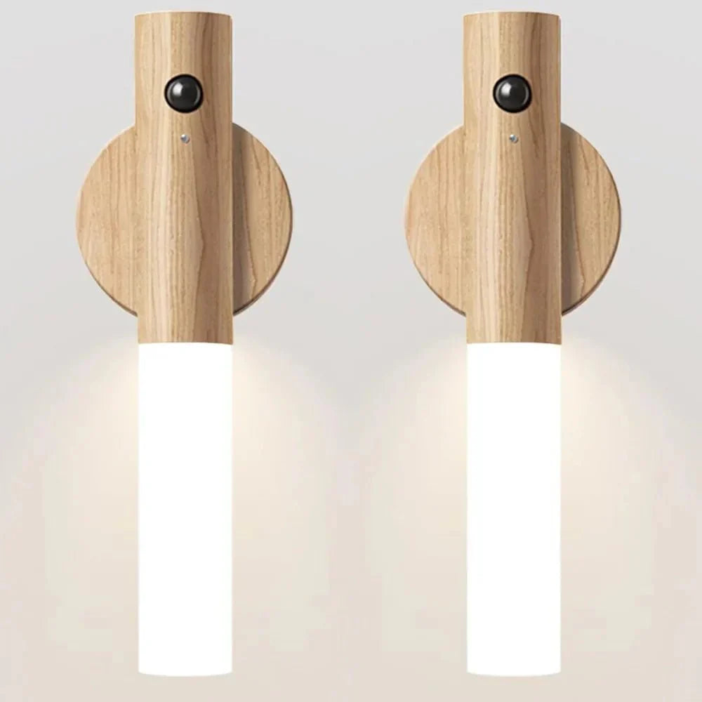 Rechargeable wood-finish LED night light with motion sensor.