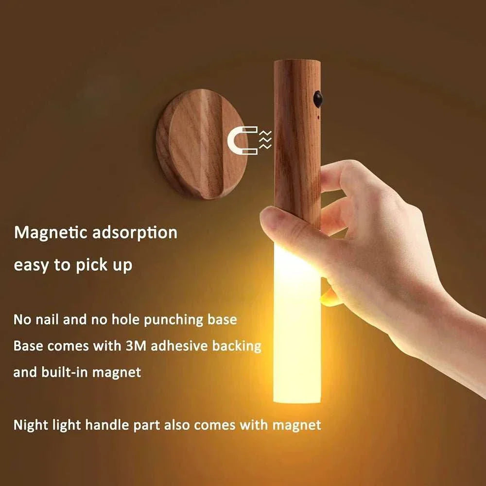 Rechargeable night light with magnetic wall mount and warm LED glow.