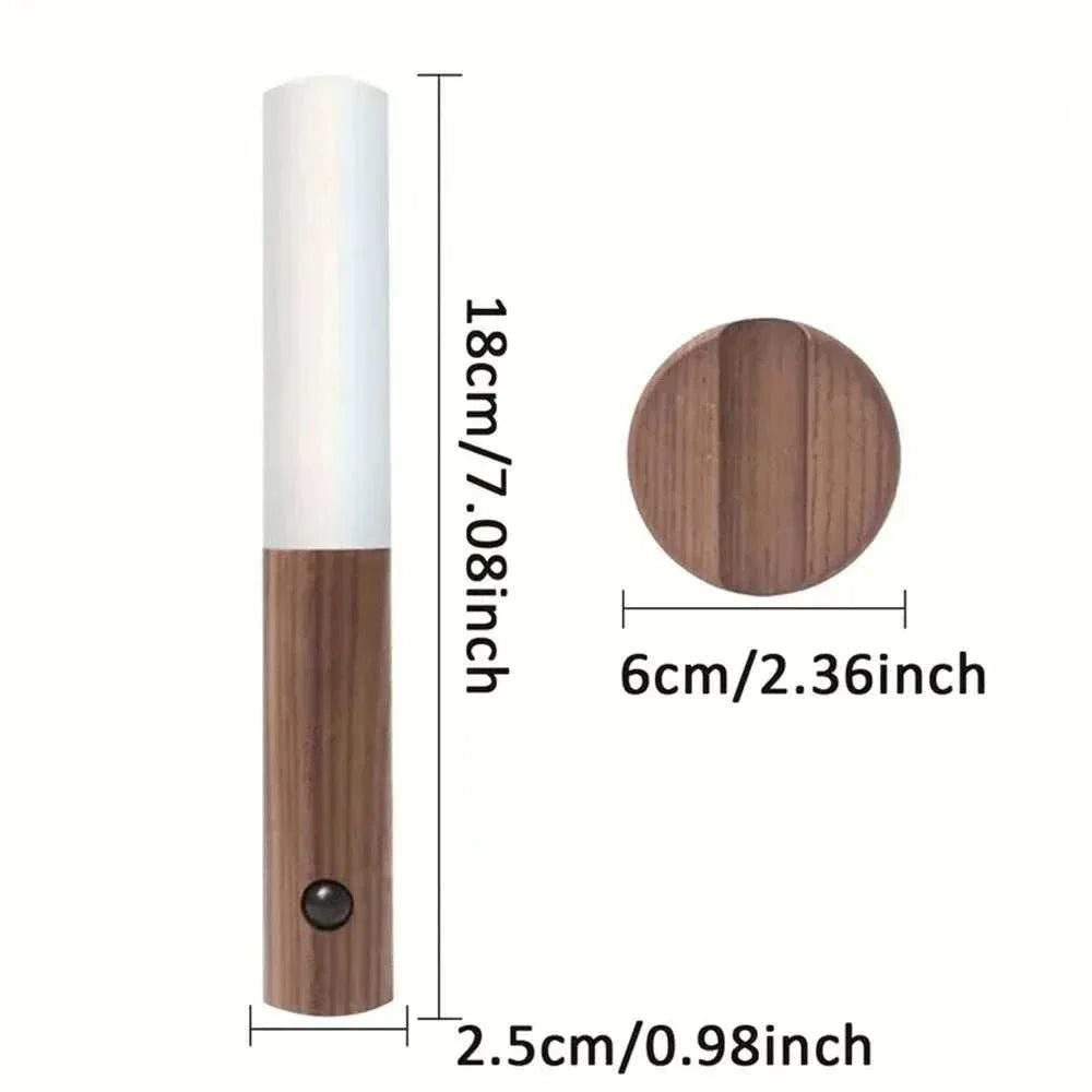 Rechargeable LED night light with motion sensor, wood finish, and dimensions.