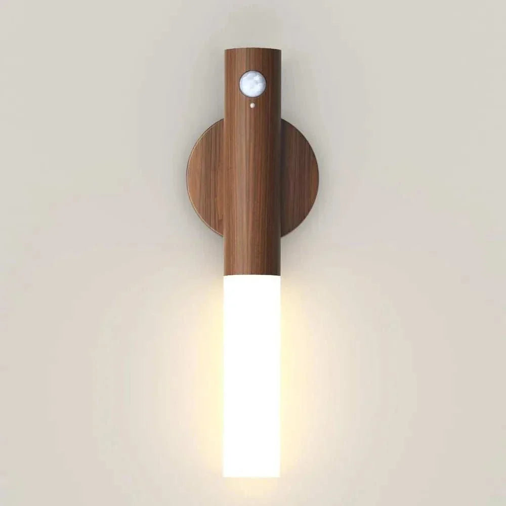 Rechargeable BLOOMINEO™ night light with motion sensor and wood finish.