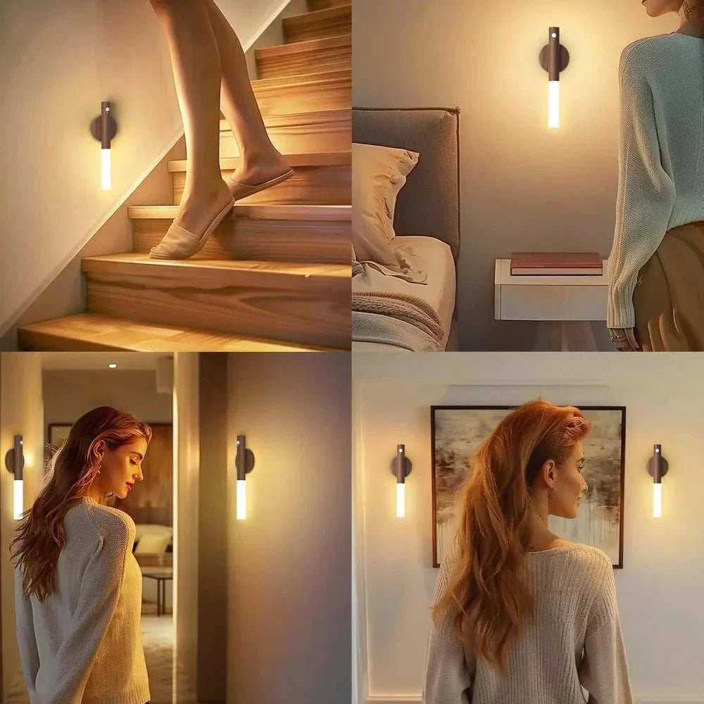 Rechargeable night light with motion sensor and wood finish, illuminating a hallway and stairs.