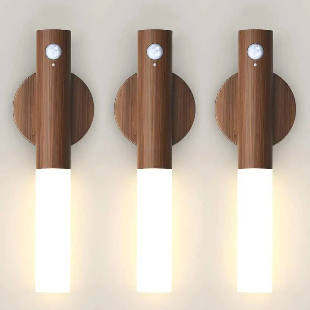 Rechargeable wall LED night light with motion sensor and wood finish.