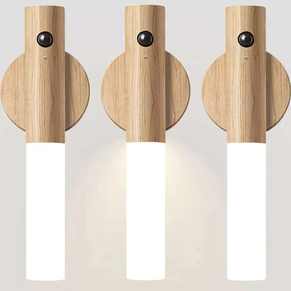 Rechargeable motion sensor wooden night light wall sconces.