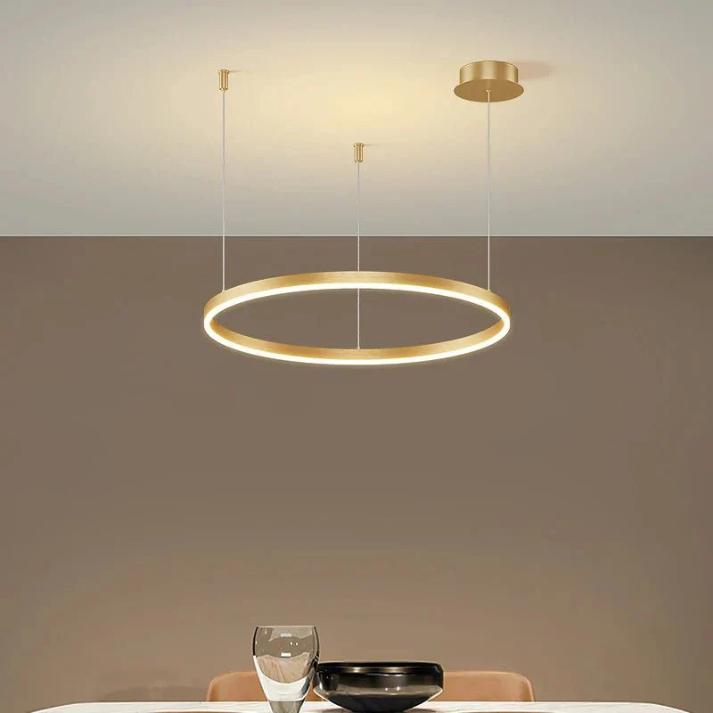 Modern Bubble Gold LED pendant ceiling light fixture with gold brushed finish, dimmable brightness, remote control, and sleek design.