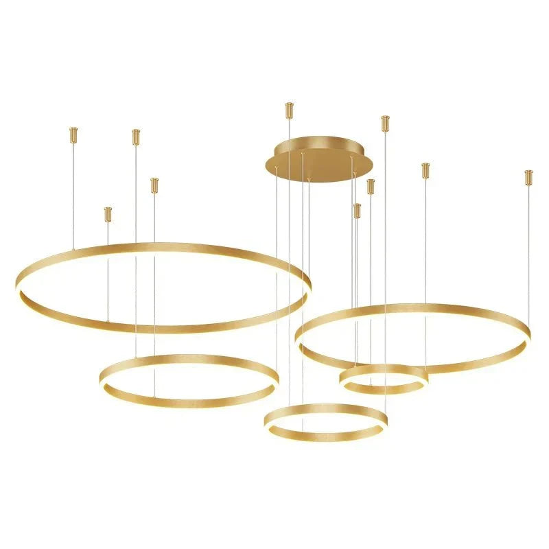 Modern gold LED pendant ceiling light fixture with adjustable rings.