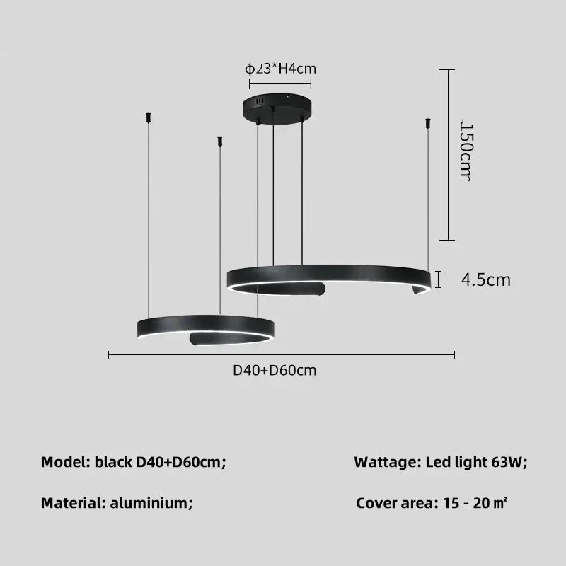 Minimalist geometric LED pendant light with black aluminum construction, featuring adjustable double rings and a 63W LED chip for 15-20m² coverage.