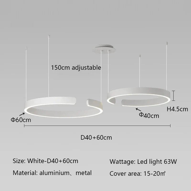 Minimalist geometric LED pendant light with adjustable aluminum rings, modern white design, ideal for 15-20m² area.