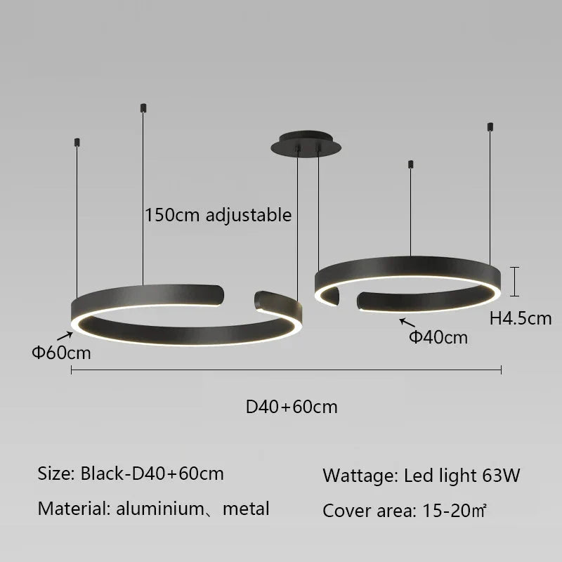 Minimalist geometric LED pendant light with black metal rings, 150cm adjustable height, designed for modern interiors.