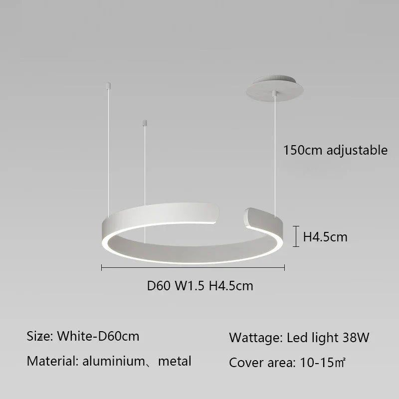 Minimalist geometric LED pendant light with adjustable height, white finish, made of aluminum and metal.
