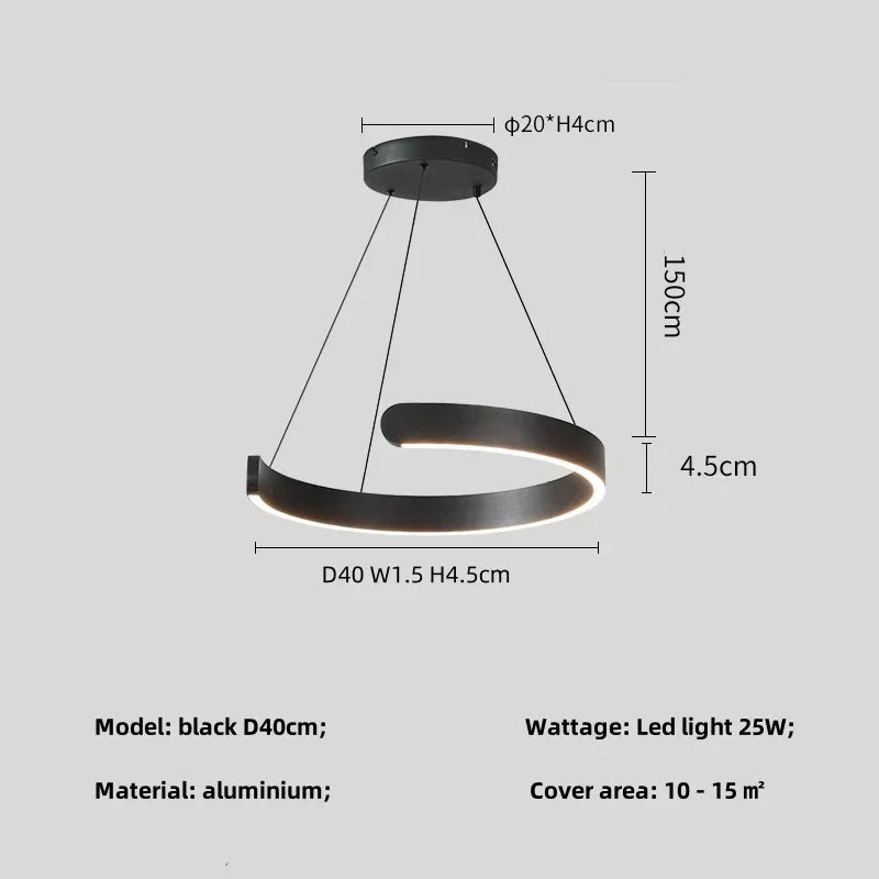 Minimalist geometric LED pendant light, black semicircular design, aluminum material, dimensions 150cm x 4.5cm.
