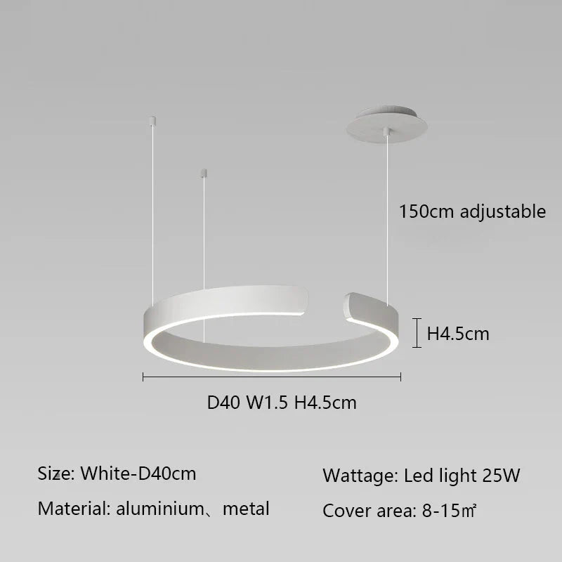 Minimalist geometric LED pendant light in white, aluminum metal, 25W, adjustable height, covering 8-15 square meters.