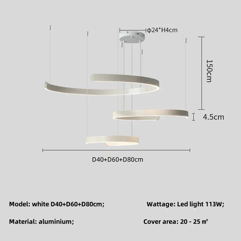 Minimalist geometric LED pendant light with white aluminum rings, dimensions D40+D60+D80 cm, for 20-25 sq meters.
