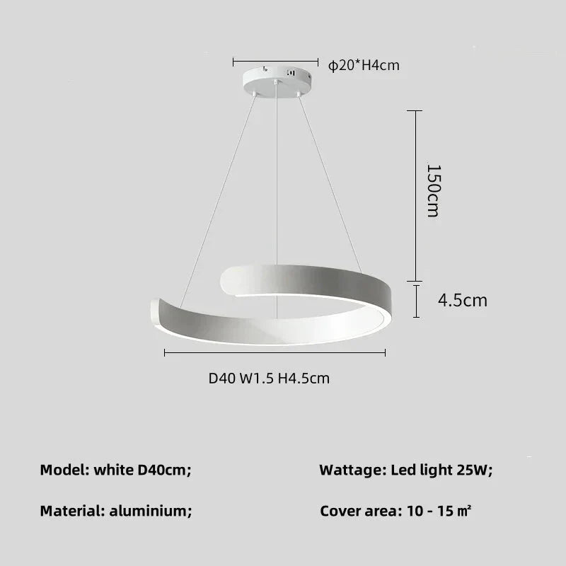 Minimalist geometric LED pendant light with aluminum finish and white lampshade, suitable for modern interiors.