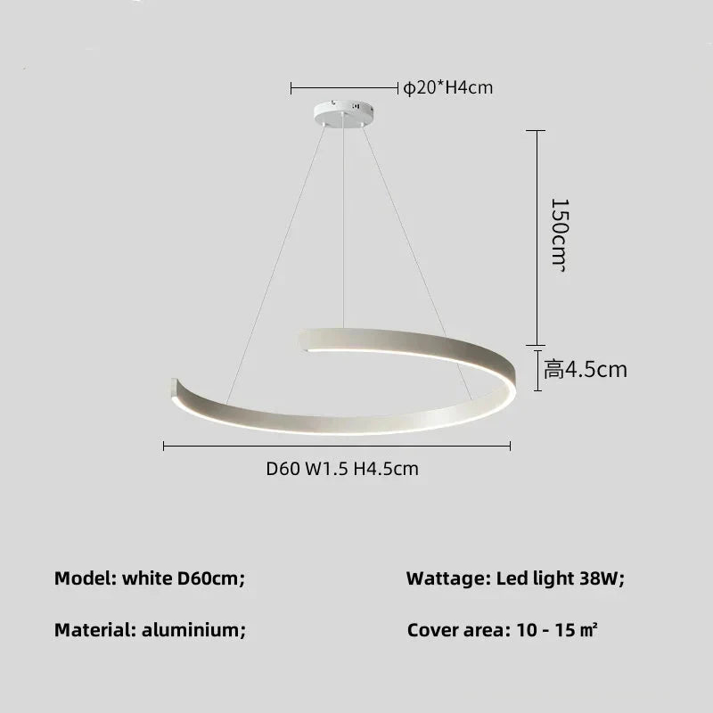 Minimalist geometric LED pendant light with aluminum material and 38W power, designed to illuminate 10-15 square meters.