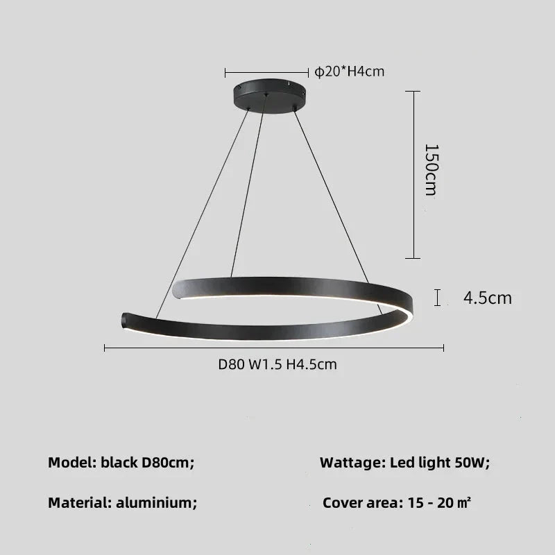 Minimalist geometric LED pendant light in black, with aluminum material and a circular design, covering 15-20 square meters.