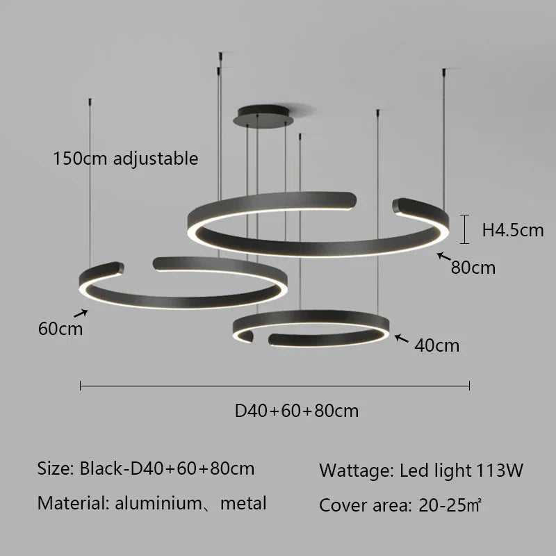 LED pendant light with adjustable rings, modern minimalist design, black finish, size options D40/60/80cm, aluminum material, 113W, covers area 20-25m².