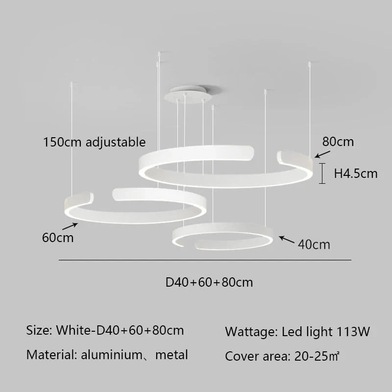 Minimalist geometric LED pendant light with three adjustable rings in white, made from aluminum and metal, suitable for modern interiors.