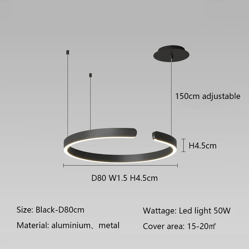 Minimalist geometric LED pendant light, black, D80cm, adjustable, aluminum material.