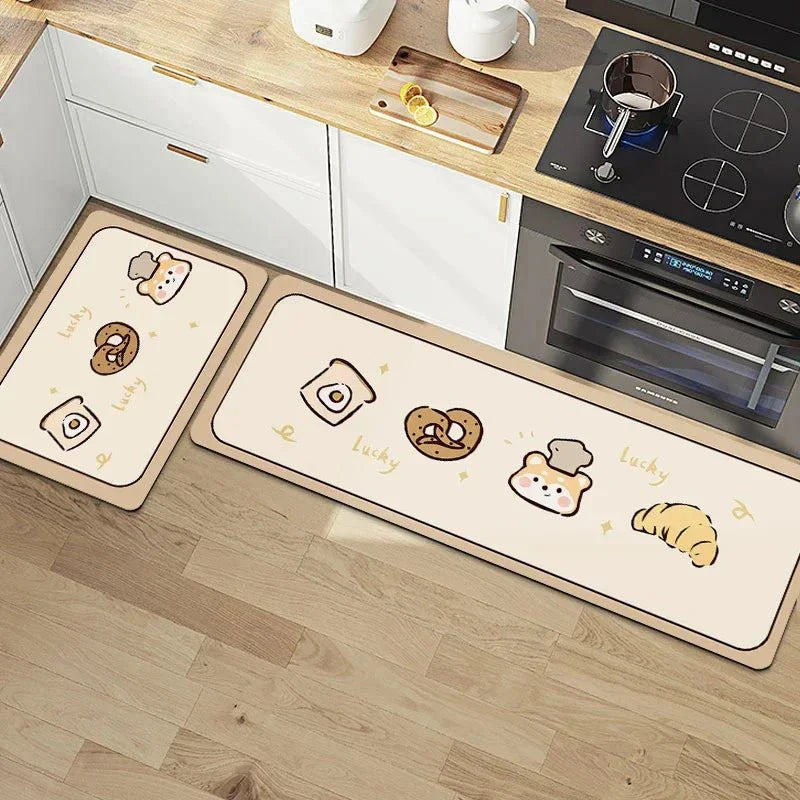 Soft anti-slip absorbent floor mat with cute cartoon design in a kitchen setting.