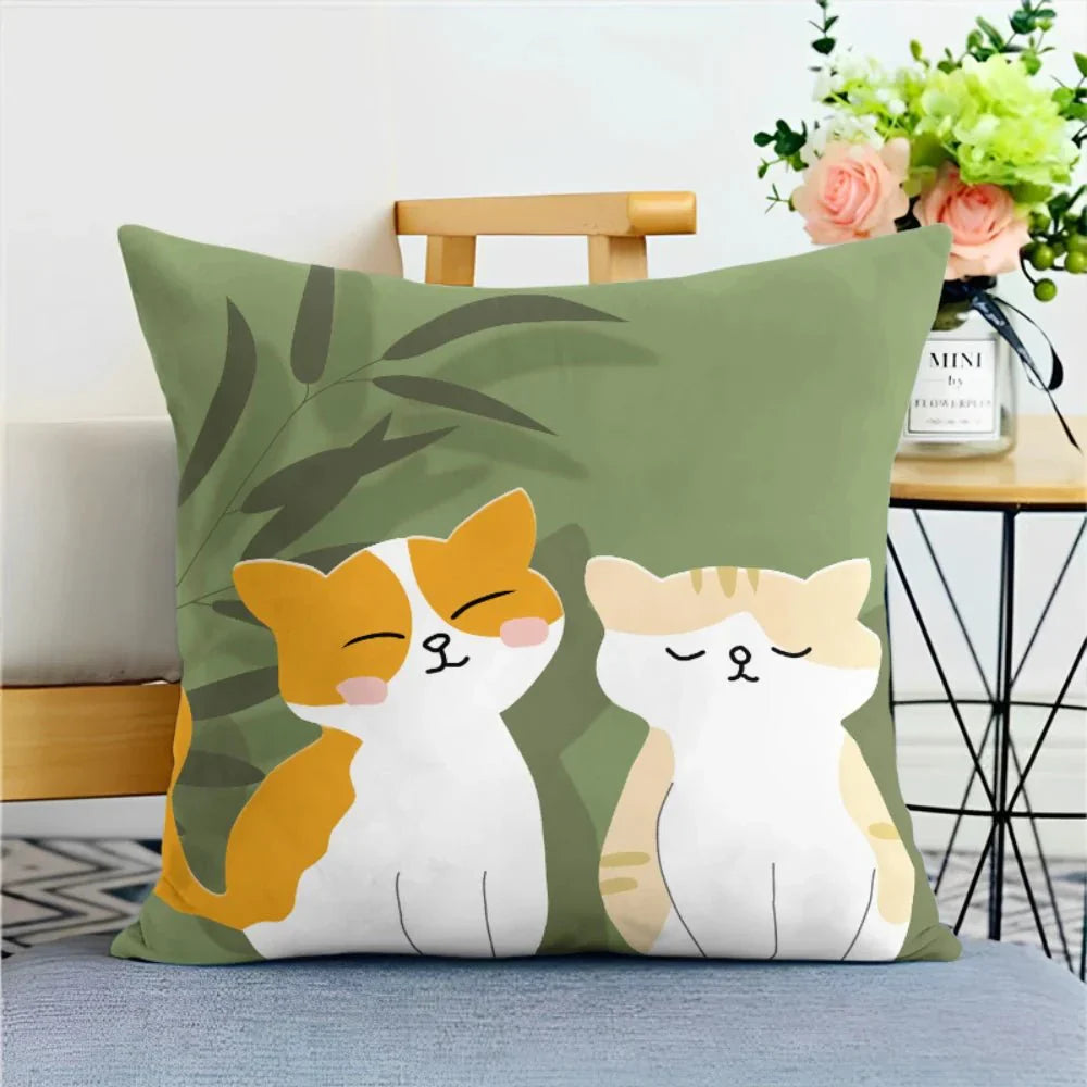 Green nature print pillowcase with cat illustration, LIVIA decorative cushion cover.