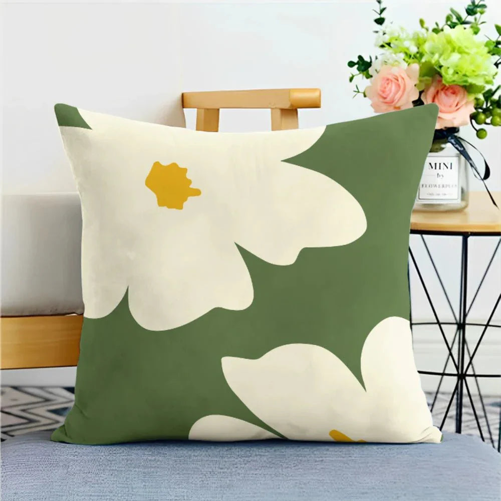 Green nature print cushion cover with floral design, 45x45 cm, polyester-linen blend, LIVIA™ pillowcase.