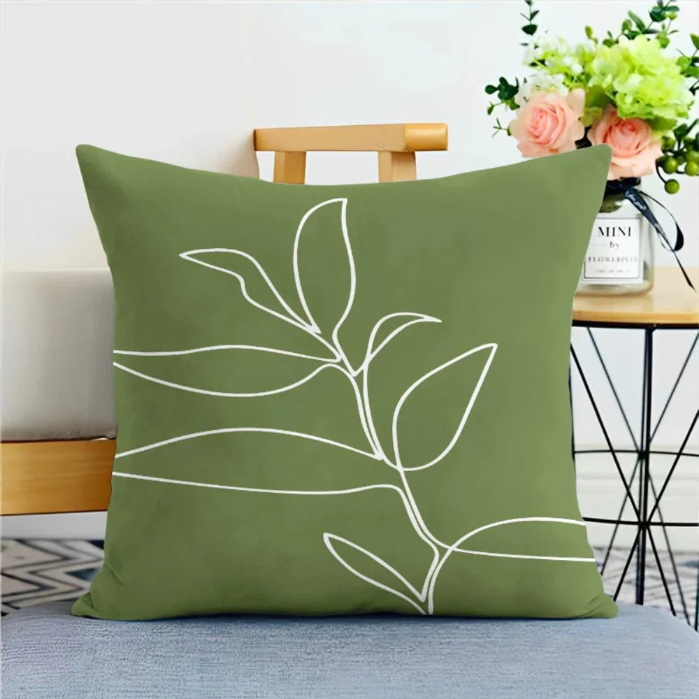 Green nature print pillowcase with botanical line design, soft polyester-linen blend.