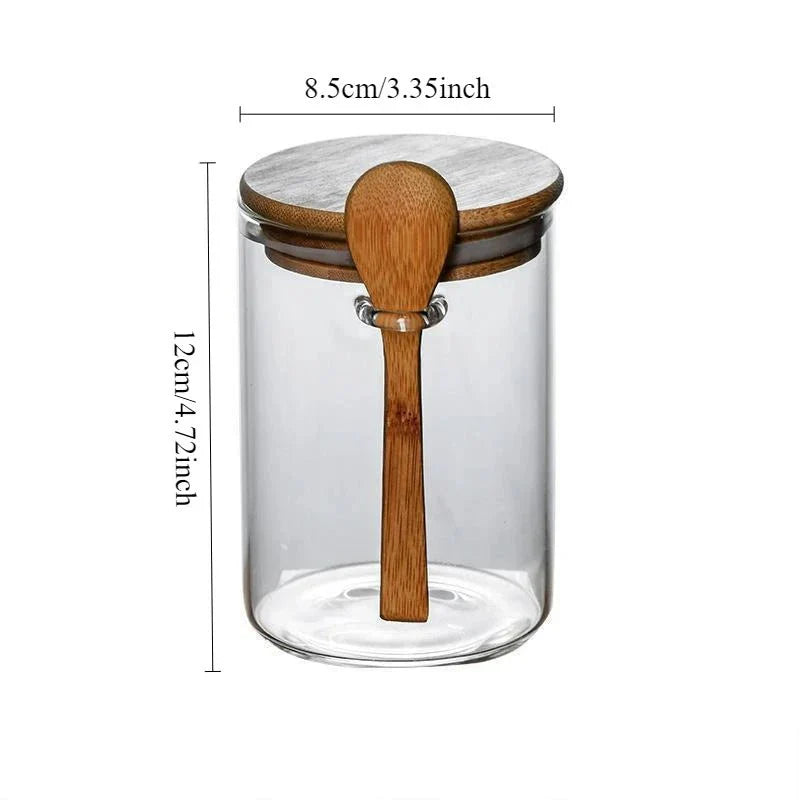 Airtight spice storage jar with bamboo lid and spoon, measuring 8.5cm x 12cm.