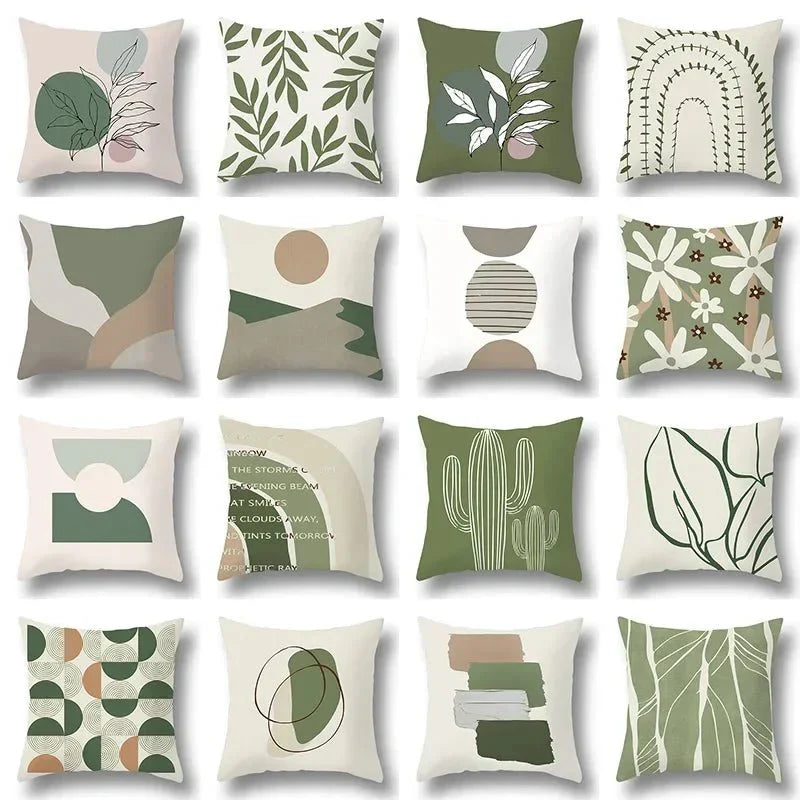 Green leaf and abstract design pillowcase collection in soft fabric with various artistic patterns, perfect for home décor.