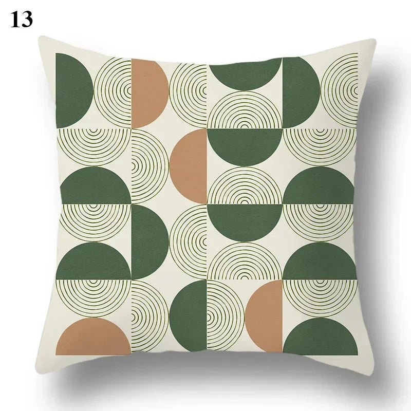Green leaf and abstract patterned pillowcase with geometric design, square shape, made of polyester.