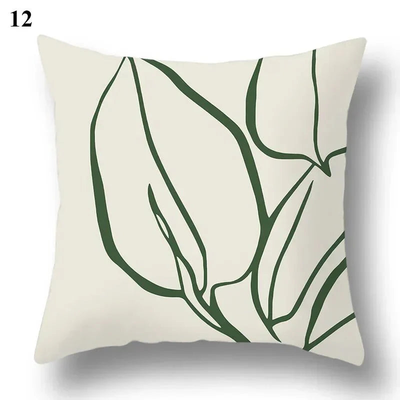 Green leaf and abstract design pillowcase, TARLO™ cushion cover, 45x45 cm, botanical style.