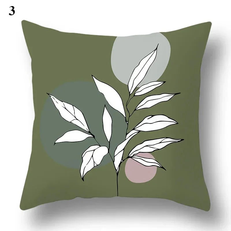 Green leaf and abstract pattern pillowcase, soft polyester cushion cover, 45x45 cm, botanical style.
