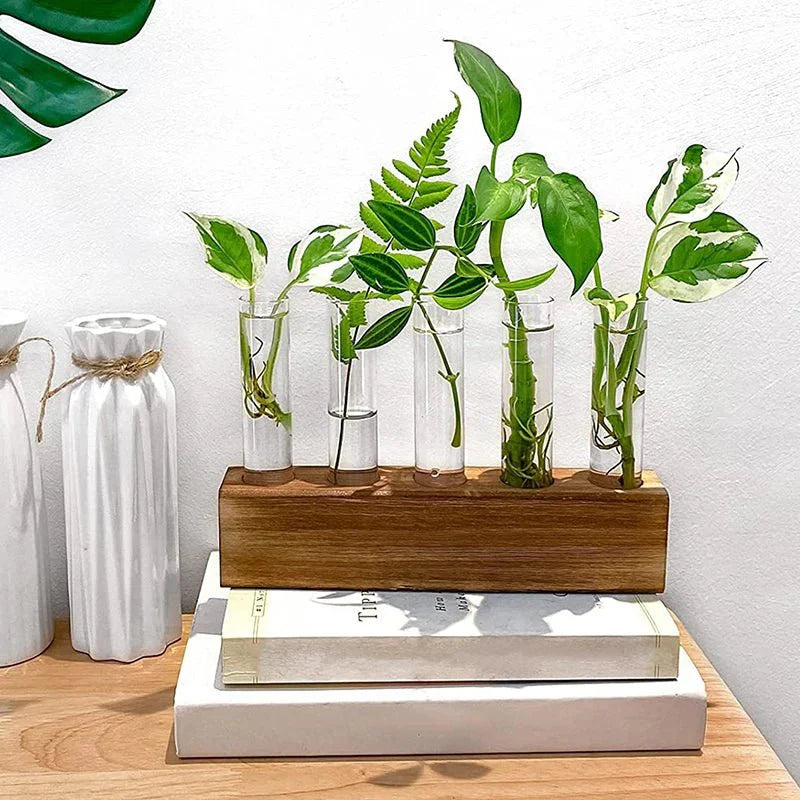 JERLIN™ Hydroponic Planter – Wooden Stand with Test Tube Vases -
