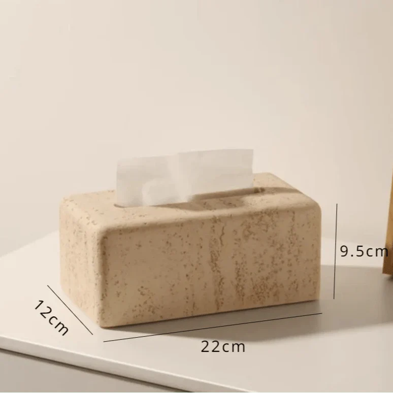 Stone effect bathroom organizer with tissue holder, measuring 22cm by 12cm by 9.5cm, ideal for organizing essentials.