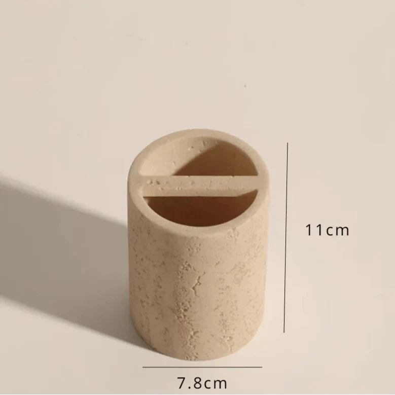 Stone effect toothbrush holder with measured dimensions for bathroom organization.
