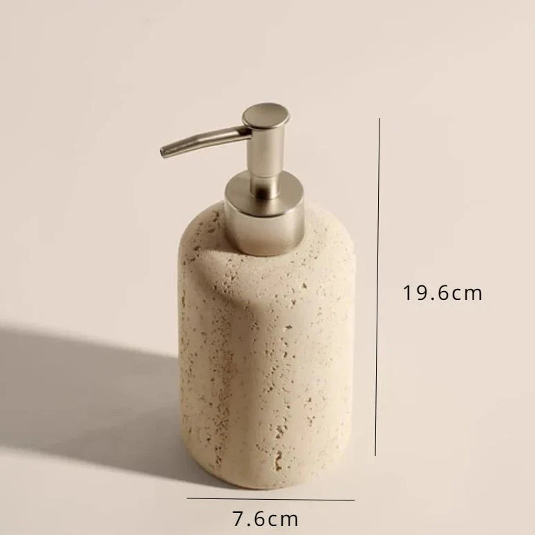 Stone effect bathroom organizer with dispenser and measurements.