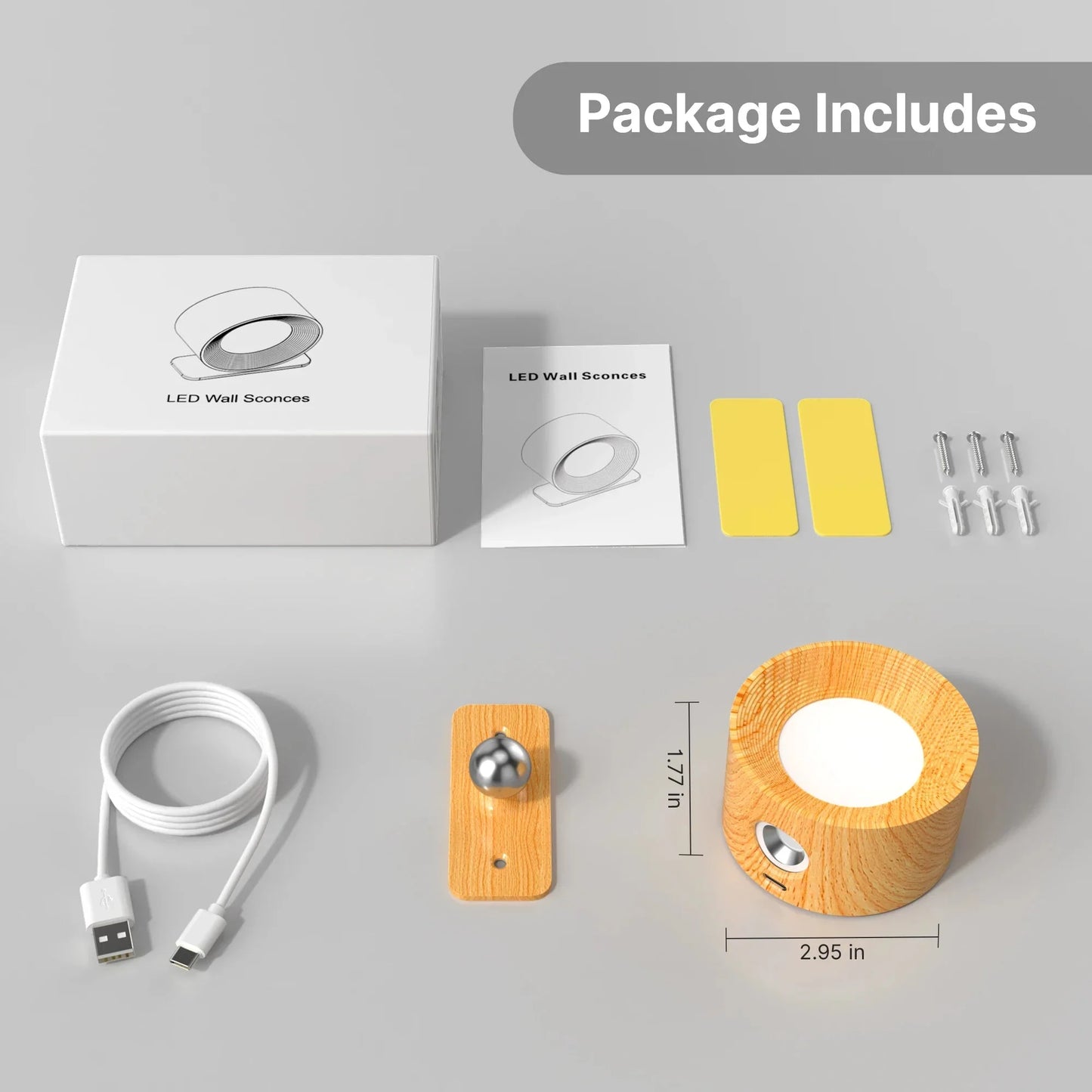 Package contents of LUCIL™ adjustable wooden LED wall lamp.