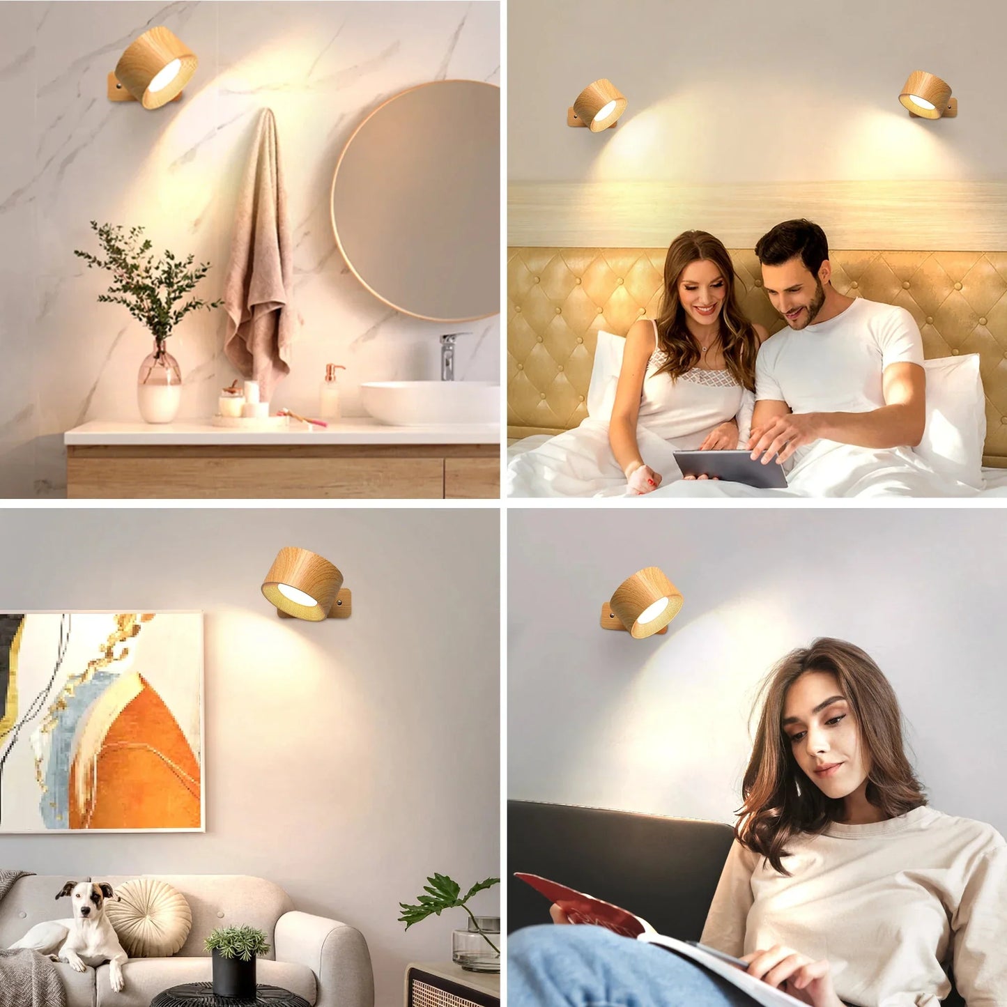 Adjustable wooden LED wall lamp illuminating various living spaces.