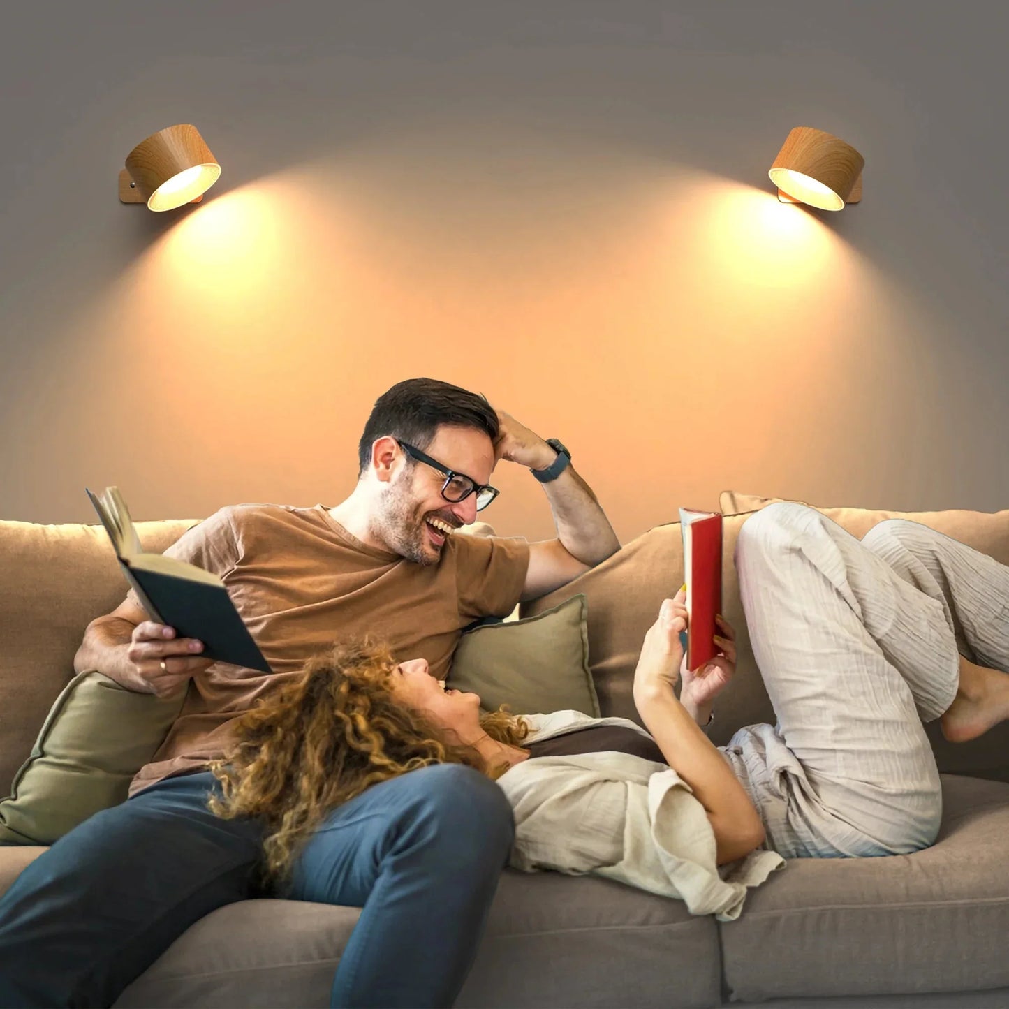 Adjustable wooden LED wall lamps illuminating a cozy living room.