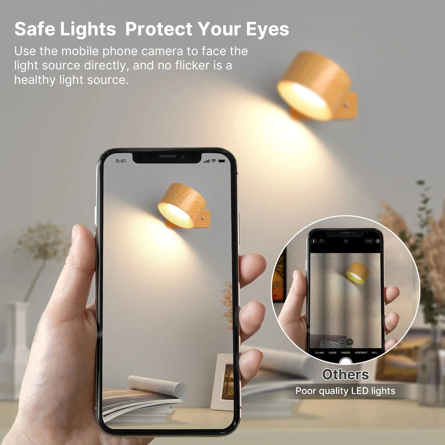 Adjustable wooden LED wall lamp illuminating a room; promotes eye safety with high-quality light.