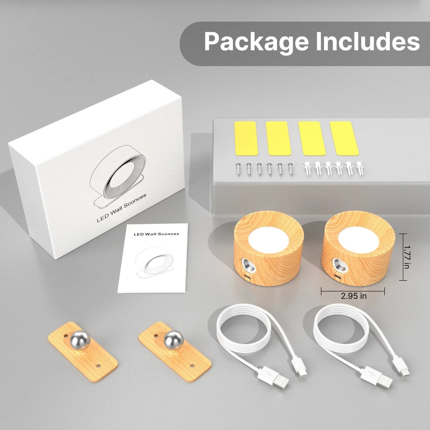 Package contents for adjustable wooden LED wall lamp with fittings and cables.