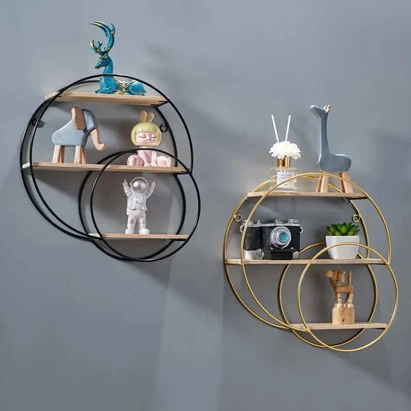 Round metal wall shelf with decorative items, featuring a unique hanging storage rack design.