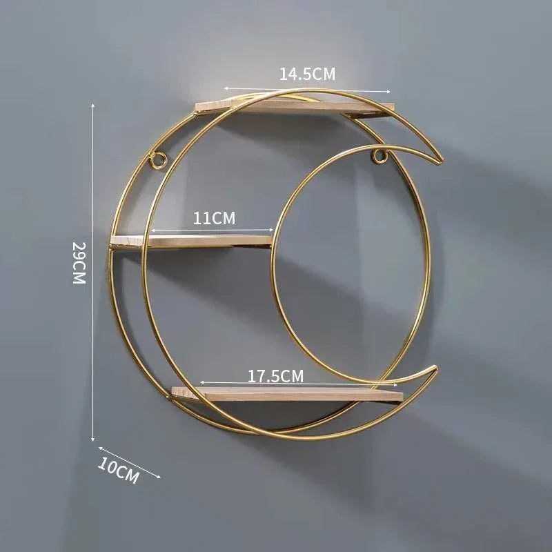 Hanging round metal wall shelf storage rack with measurements.