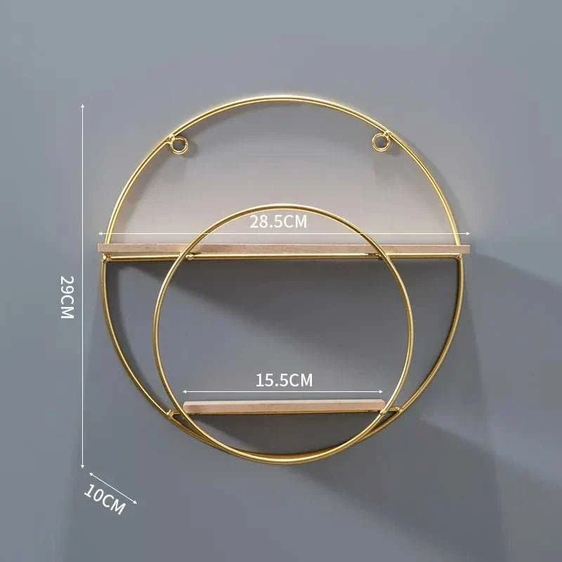 Round metal wall shelf with dual storage racks for space-saving organization.